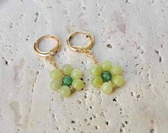 Peridot and Green Aventurine Flower Earrings, 18k Gold filled, Huggies, Hoops, Dainty, Gemstone earrings
