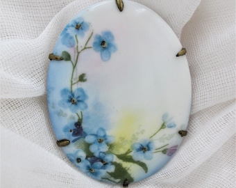 Antique Victorian Oval Porcelain Brooch Forget-me-Nots Floral Hand Painted C1