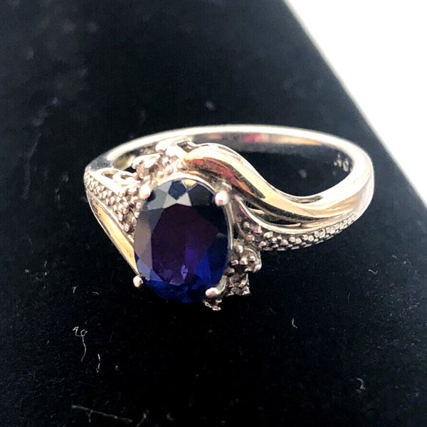 Signed AV Sterling Silver 10K Gold Blue Sapphire & Diamond Ring Size 6-1/2