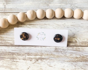 Gold Leaf Studs, clay earrings, lightweight earrings, hypoallergenic, stud earrings, handmade earrings, gift for her, black studs