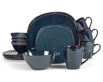 Elanze Designs Modern Chic Smooth Ceramic Stoneware Dinnerware 16 Piece Set - Service for 4, Navy Blue