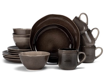 Elanze Designs Reactive Glaze Ceramic Stoneware Dinnerware 16 Piece Set - Service for 4, Mocha Grey Ombre