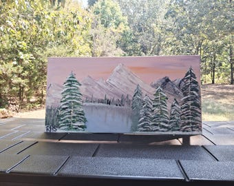 Winter Frost Oil Painting Bob Ross Inspired Snowy Mountain Landscape 24x12 Canvas Signed Art Original RHS