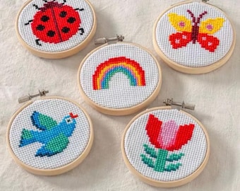 Mini cross stitch kits - ladybird, rainbow, bluebird and butterfly