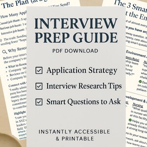Peut inclure: Un guide de préparation aux entretiens au format PDF, avec le titre en grandes lettres bleu foncé. Le guide comprend des sections sur la stratégie de candidature, les conseils de recherche d'entretien et les questions intelligentes à poser.