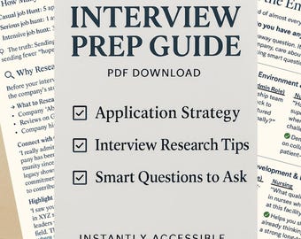 Puede incluir: Una guía de preparación para entrevistas en PDF blanco con el título en letras grandes de color azul oscuro. La guía incluye secciones sobre estrategia de solicitud, consejos de investigación de entrevistas y preguntas inteligentes.