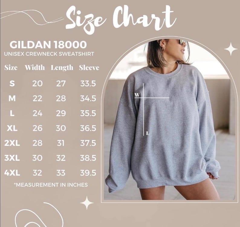 May include: A Gildan 18000 unisex crewneck sweatshirt size chart with a table listing sizes S through 4XL and their corresponding width, length, and sleeve measurements in inches, alongside a grey sweatshirt with white W and L labels.
