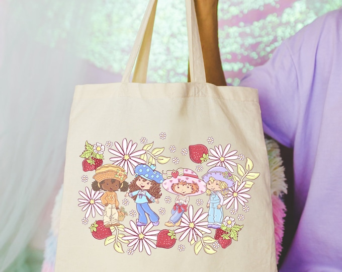 Classic Strawberry Cake & Friends Canvas Tote Bag | Funny Tote Bag | Reusable Tote Bag | Cute Trendy Tote Bag