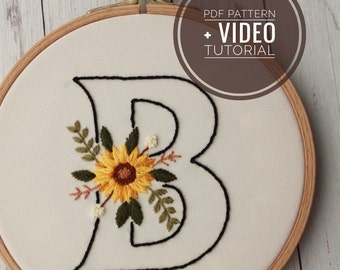 Sunflower Letter Embroidery PDF Pattern, Floral Alphabet Hand Embroidery, 26 letter pattern, PDF pattern+ video tutorial