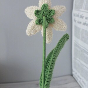 May include: A crocheted white flower with green leaves and a stem. The flower has six petals and a green center.