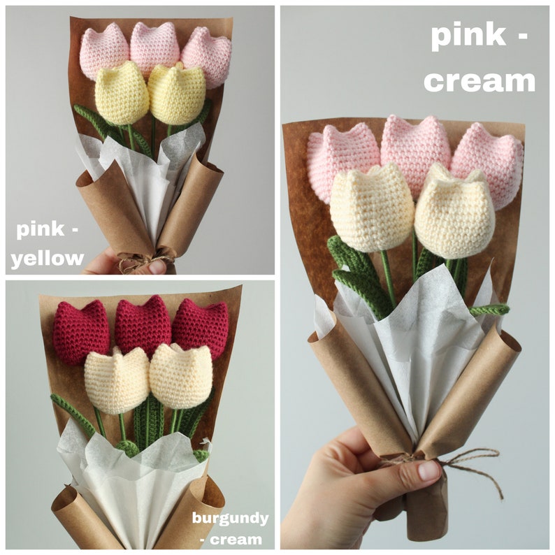 LuckyBundle Hand-Crochet Tulip Bouquet - 3 Tulips With Eucalyptus & Baby's Breath, Hypoallergenic Gift Set