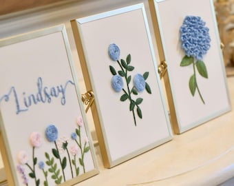 Personalized Floral Embroidery Set of 3 – Custom Art in Gold Frames – Handmade Nursery Wall Decor