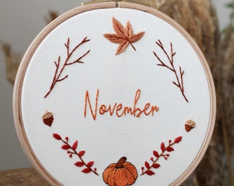 Custom Autumn Ornaments Wreath Embroidery Hoop Art - November Embroidery Art - Pumpkin Embroidery