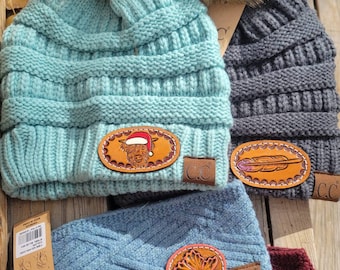 Tooled leather patch beanie,winter hat,cap,tooled leather,western,punchy,cowgirl,country,country girl,gifts, sunflower,rodeo, valentines.