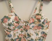 Vintage 80s 90s Denim Floral Bustier Top, Corset Pastel Underwire Button Front, Extra Small
