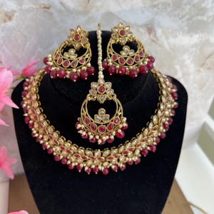 Maroon Polki Choker Set: Antique Gold Indian Jewelry with Tikka