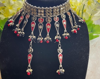 Oxidized Silver Choker Necklace: Kundan Meenakari Earrings Set