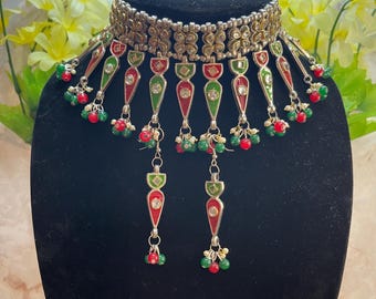 Oxidized Silver Kundan Choker Set: Red & Green Meenakari Earrings
