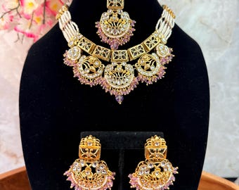 Jadau Kundan Necklace Set: Mauve Indian Pakistani Jewelry