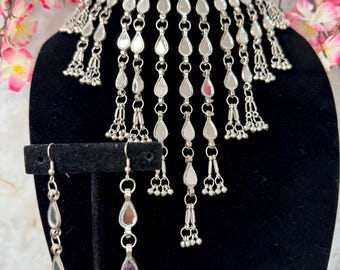 Oxidized Silver Mirror Necklace Set: Indian Afghan Jewelry