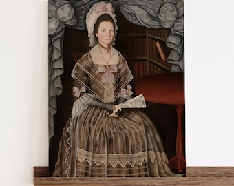 Volkskunstportretafdruk: vrouw uit revolutionaire oorlogstijd, koloniaal huisdecor
