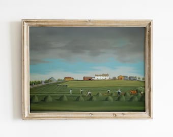 Impression de scène de ferme primitive : art populaire colonial, récolte américaine précoce
