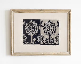 Antique Coverlet Watercolor Print: Rustic Folk Art Wall Decor