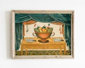 Estampe de nature morte primitive : Peinture d'art populaire américain ancien