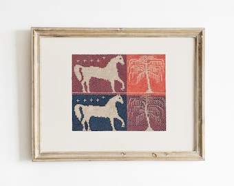 Folk Art Coverlet Print: Antique Early American Horse Textile Illustration