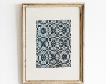Estampado de colcha antigua: acuarela primitiva de arte popular azul y blanco.