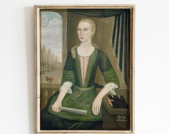 Primitieve volkskunstprint: portret van een vrouw in groen, koloniaal Americana