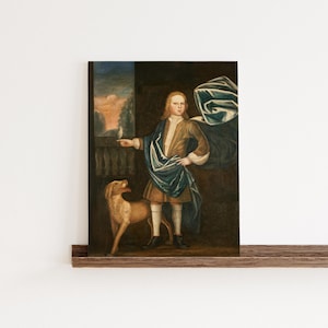 Primitive Portrait Print – Early American Folk Art – Boy with Dog – Colonial Wall Decor – Naive Portrait – Rustic Farmhouse Art