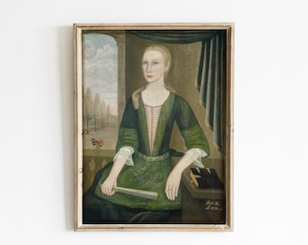 Primitive Folk Art Print: Portrait of a Woman in Green, Colonial Americana