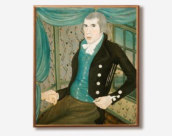 May include: A framed oil painting depicting a person in a black coat, blue vest, and white cravat, seated before a window with teal curtains. The background features wallpaper with a floral pattern, and the person holds a small white object.