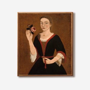 Folk Art Portrait Print – Early American Wall Art – Naive Colonial Painting – Limner Style Woman – Primitive Farmhouse Decor