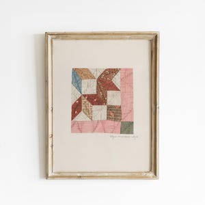 Vintage Quilt Art Print - Pink Red Brown Quilt Painting - Farmhouse Decor - Minimalist Folk Art - Quilter Gift - Modern Rustic Print