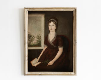 Early American Primitive Portrait Painting of Sarah Ogden Gustin: Neutral Folk Art Decor