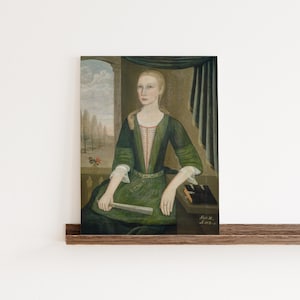 Primitive Folk Art Portrait – Dutch Woman In Green – Early American Painting – Colonial Wall Decor – Naive Portrait – Americana Print