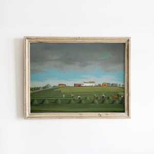 Primitive Farm Motiv • Kolonialstil Kunstdruck • Frühe amerikanische Erntezeit • Rustikale Bauernhaus-Wanddekoration • Naive Landschaft