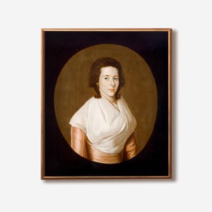 May include: An oval portrait of a person in a white shawl and pink dress, set against a dark background. The painting is framed in a gold-colored frame, creating a classic aesthetic.