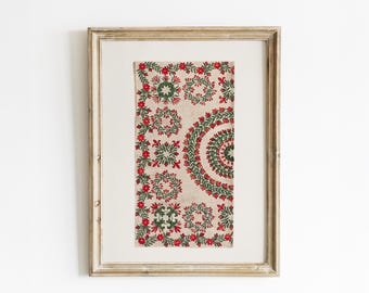 Impresión artística de colcha con apliques vintage: pintura de acuarela de arte popular verde y rojo