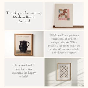 May include: A collage of framed antique art prints. The prints include a black pitcher, a quilt pattern, and a cross-stitch design. Text on the image reads: "Thank you for visiting Modern Rustic Art Co.!" and "All Modern Rustic prints are reproductions of authentic antique artworks."