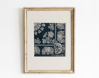 May include: Framed print featuring a dark blue and white floral pattern. The artwork is enclosed in a gold-toned wooden frame with a cream-colored mat. The print includes the text "SARAH ELIZA ELMER LEWIS CO. NY."