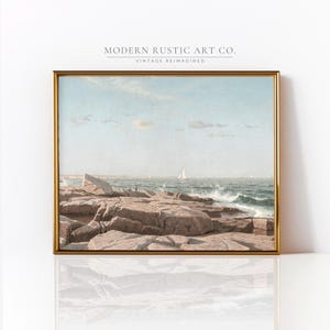Paisaje marino apagado de Rhode Island • Póster náutico vintage • Arte oceánico victoriano • Decoración de casa de playa costera • Impresión moderna de casa de campo junto al mar