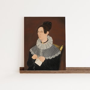 Primitive Folk Art Print • Colonial Woman Knitting • Early American Naive Portrait • Rustic Farmhouse Wall Decor • Americana Repro