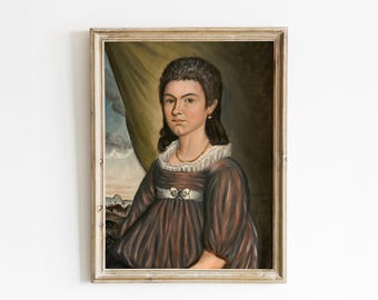 Primitive Portrait Print • Early American Folk Art Painting of a Woman
