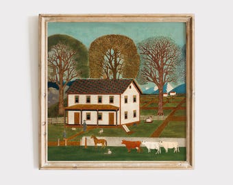 Primitive Landscape Print: Pennsylvania Folk Art Farmhouse Painting