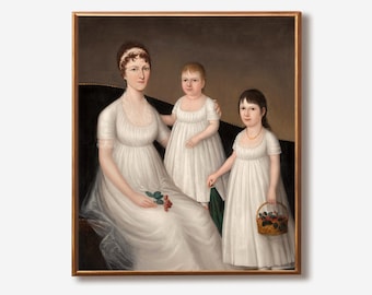 Primitive Folk Art Portrait Painting: Colonial Wall Decor Print of a Mother and Daughters