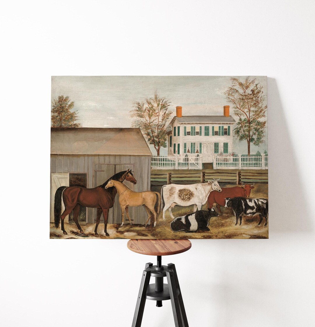 Colonial Folk Art Farm Scene Print • Rustic Farmhouse Wall Decor ...
