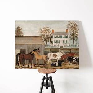 Colonial Folk Art Farm Scene Print • Rustic Farmhouse Wall Decor • Early American Country Style